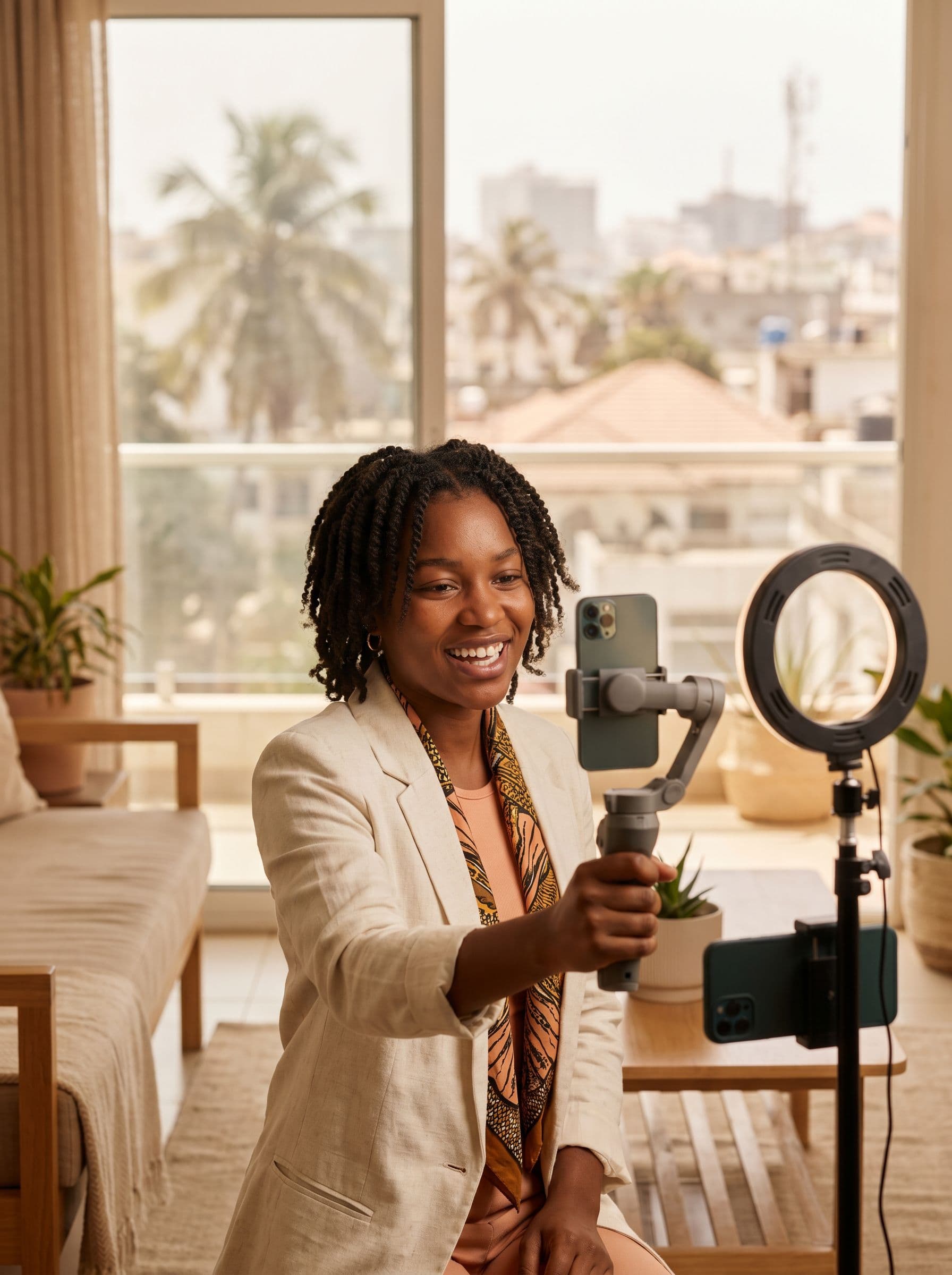 Créatrice africaine en train de filmer un contenu pour une campagne